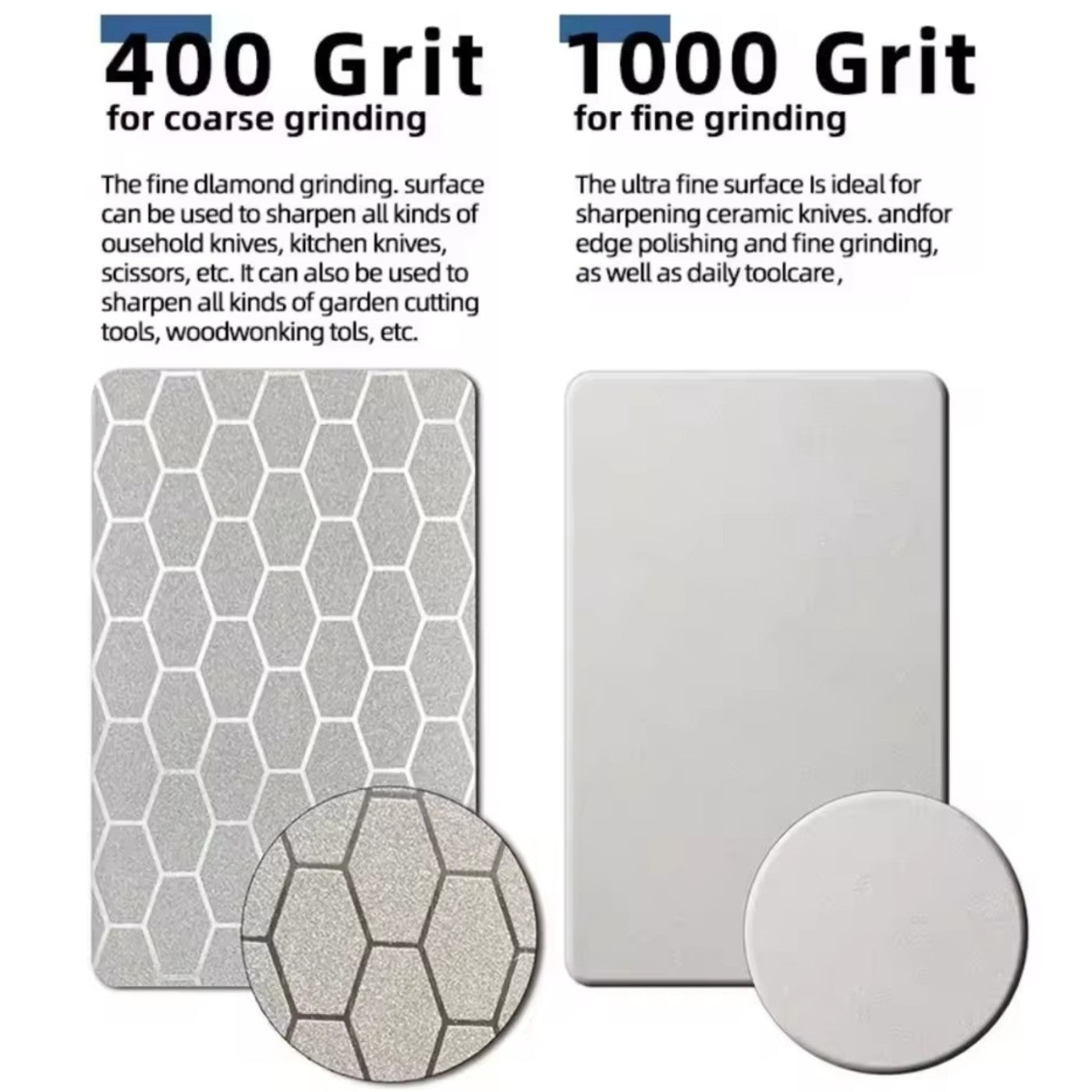 Two diamond grinding pads with text describing their grit levels and uses.
