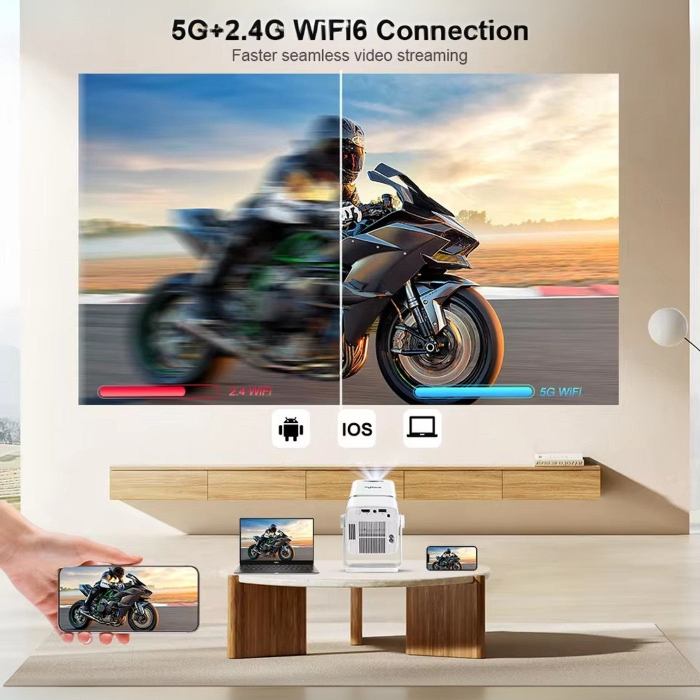 Smart TV displaying a motorcycle on screen with 5G+2.4G WiFi6 connection text.