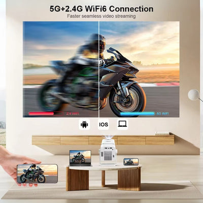 Smart TV displaying a motorcycle on screen with 5G+2.4G WiFi6 connection text.