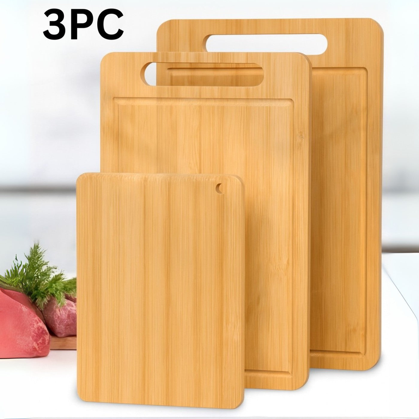 Three wooden cutting boards with handles on a white background