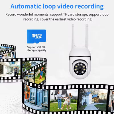 White security camera with antenna on a white background, featuring text about automatic loop video recording and microSD card support.