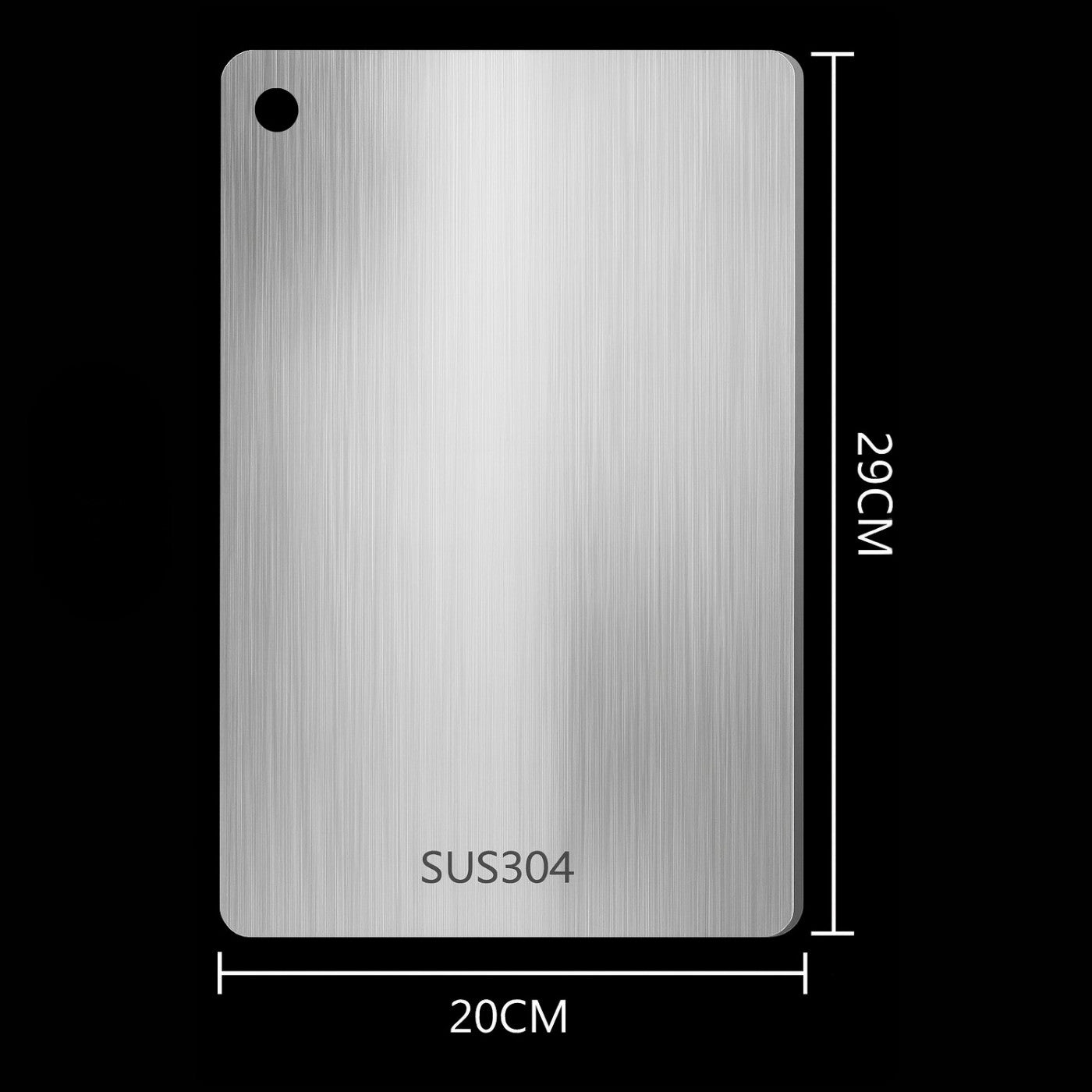Metallic sheet with dimensions and 'SUS304' marking on a black background