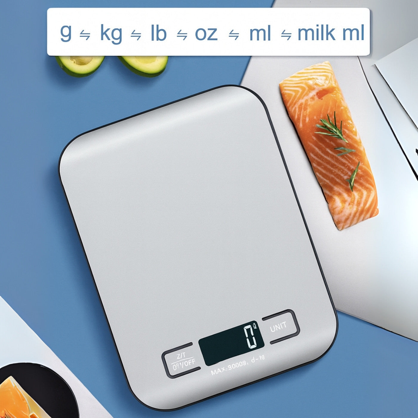 Digital kitchen scale with salmon and lime on a blue surface