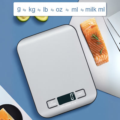 Digital kitchen scale with salmon and lime on a blue surface