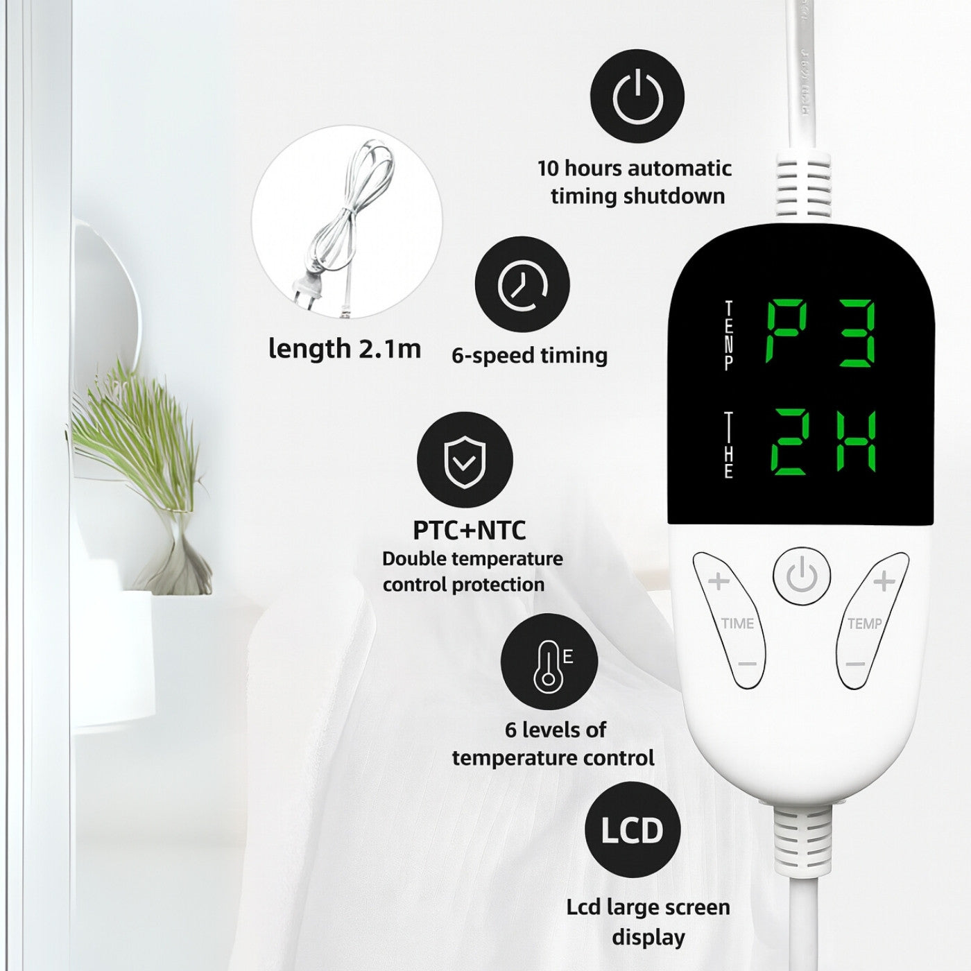 Electric blanket controller with digital display and various features listed on a white background