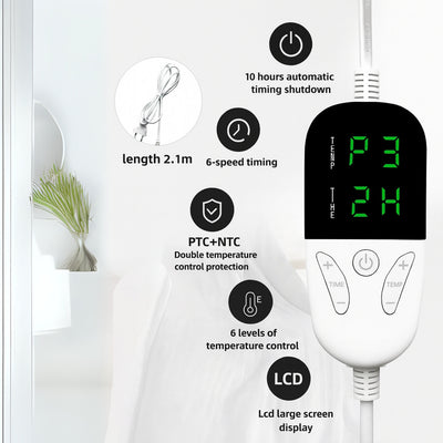 Electric blanket controller with digital display and various features listed on a white background