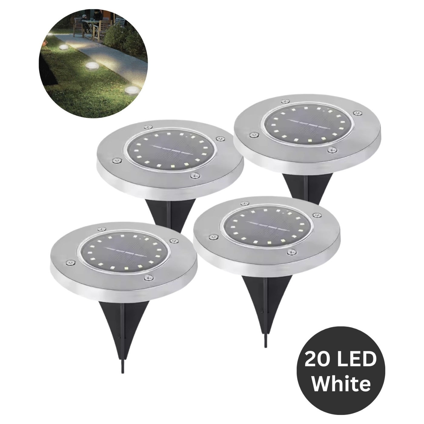 Four solar-powered garden lights with a close-up inset showing their use in a garden.