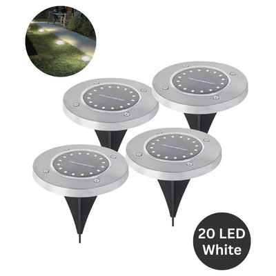 Four solar-powered garden lights with a close-up inset showing their use in a garden.