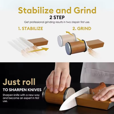 Knife sharpener with step-by-step instructions on a white background
