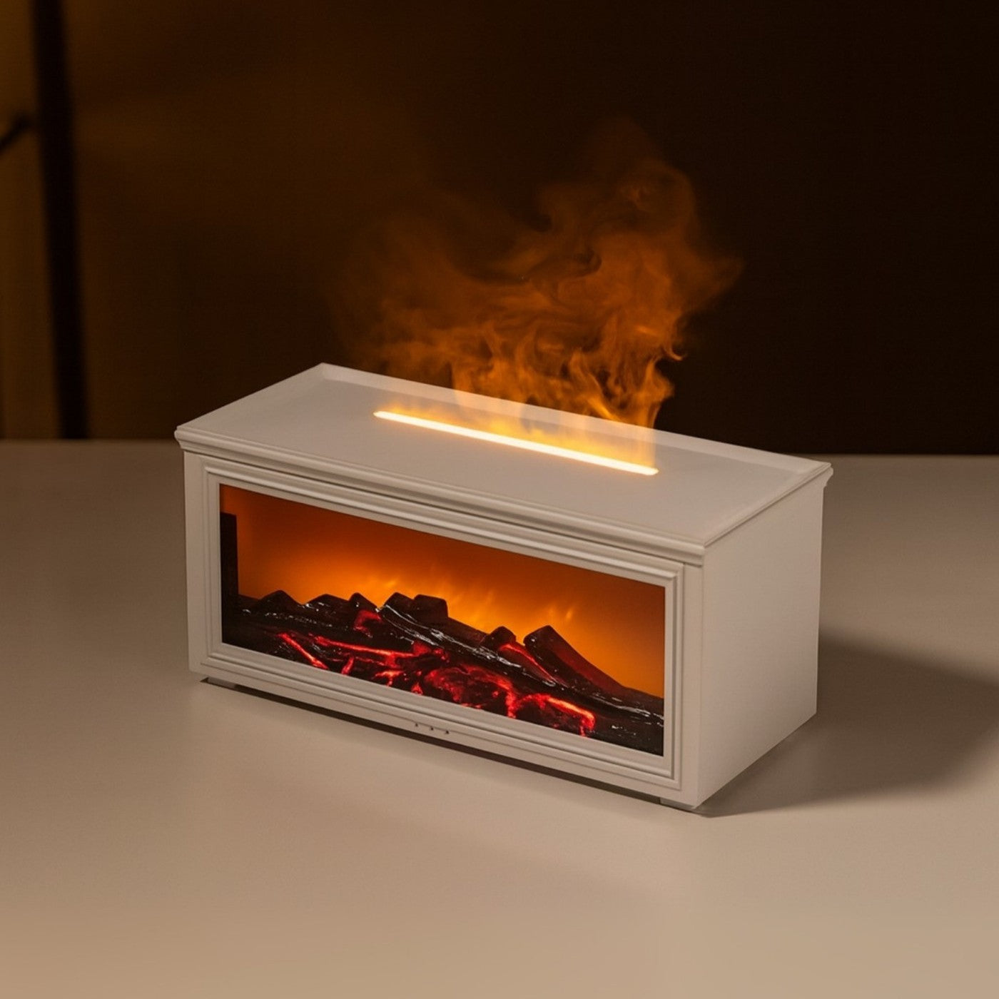 White electric fireplace insert with flames on a dark background