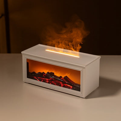 White electric fireplace insert with flames on a dark background
