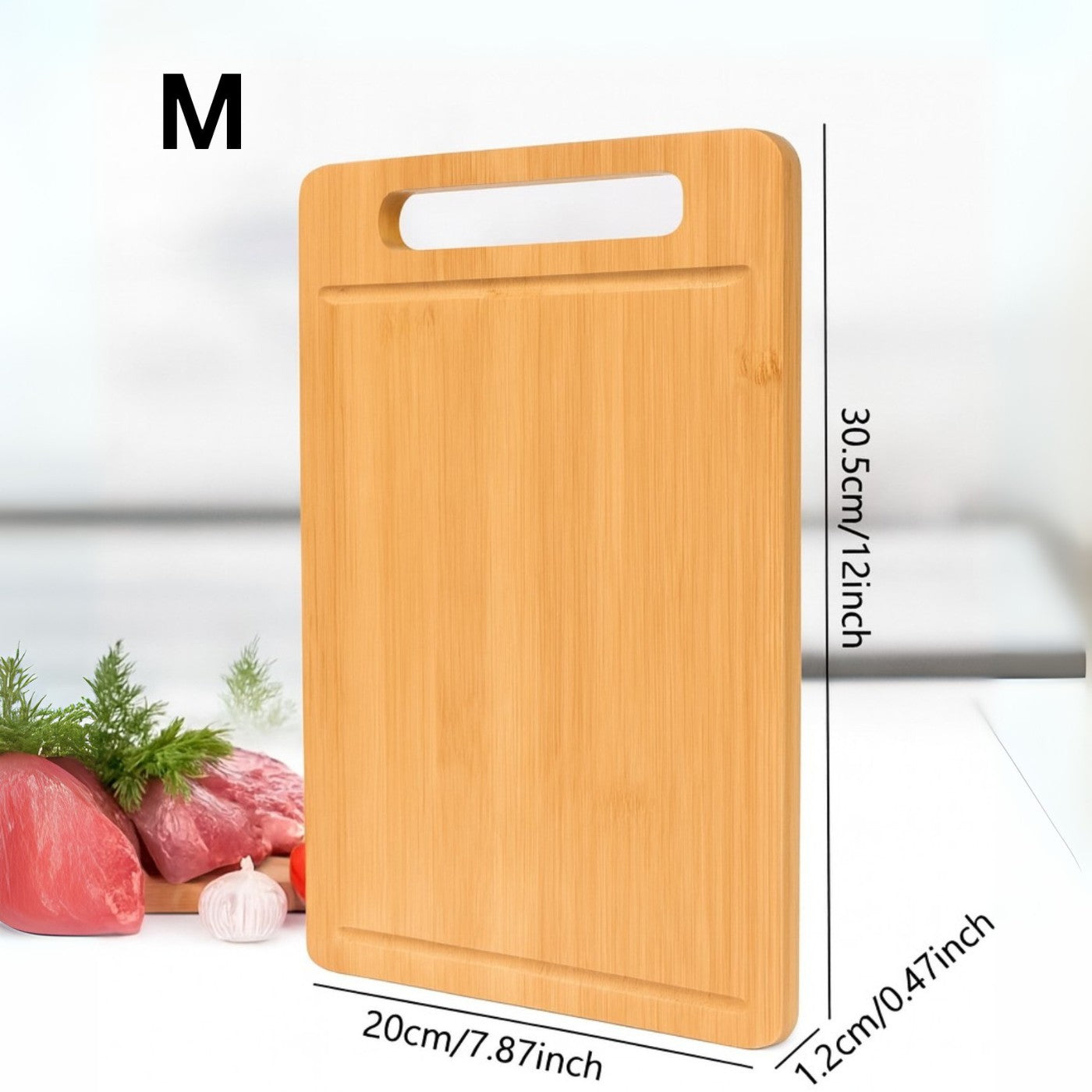 Wooden cutting board with dimensions and a background of ingredients