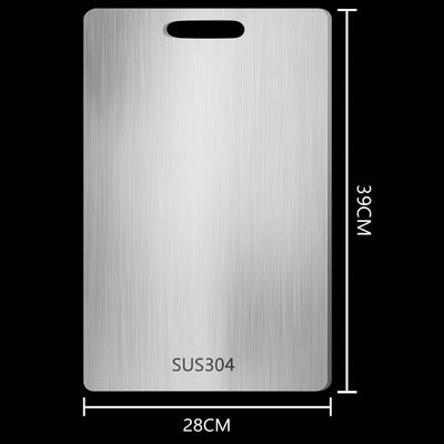 Stainless steel cutting board with dimensions labeled