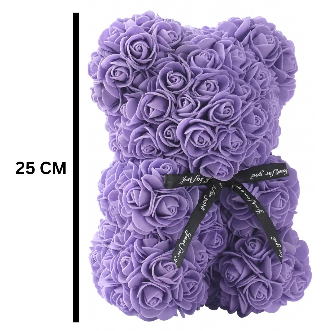 Purple rose teddy bear with a black ribbon and measurement label on a white background