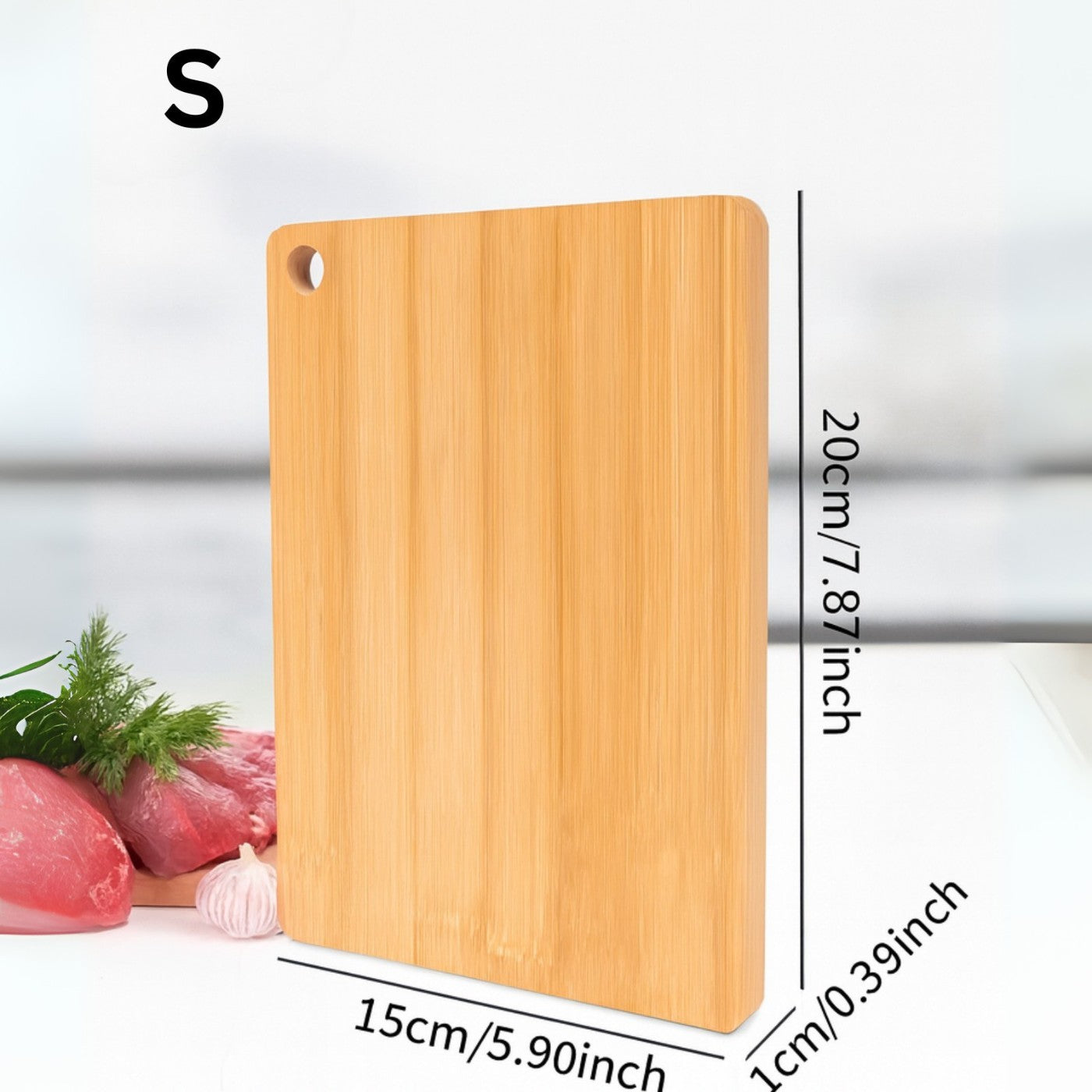 Wooden cutting board with dimensions on a white background