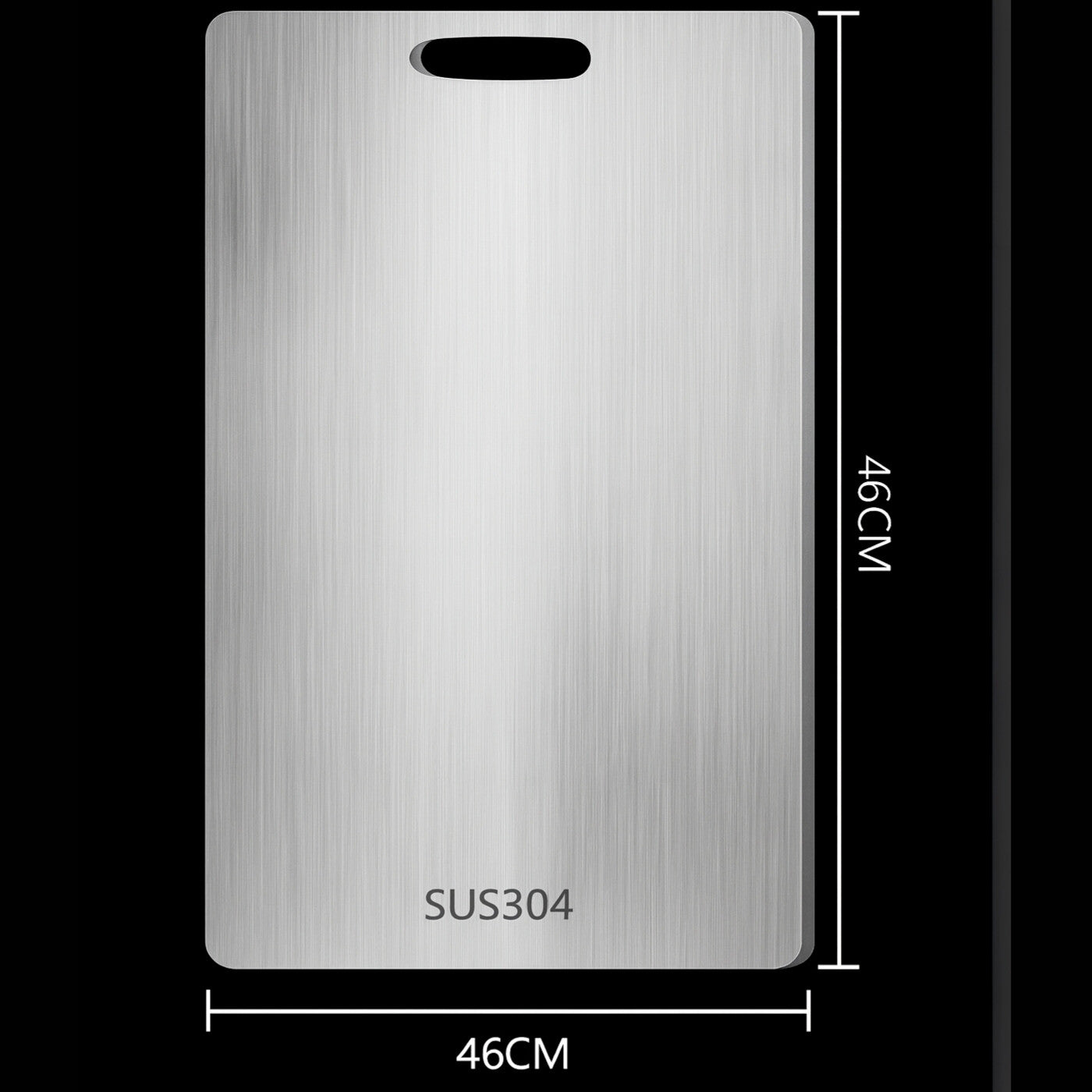 Stainless steel cutting board with dimensions and 'SUS304' marking on a white background