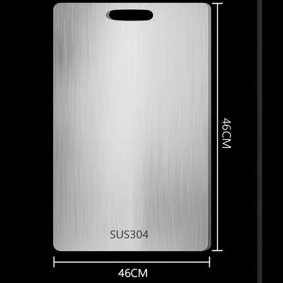Stainless steel cutting board with dimensions and 'SUS304' marking on a white background