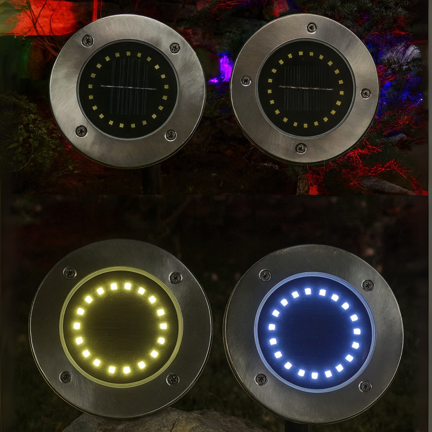 Four round LED lights in different colors on a dark background