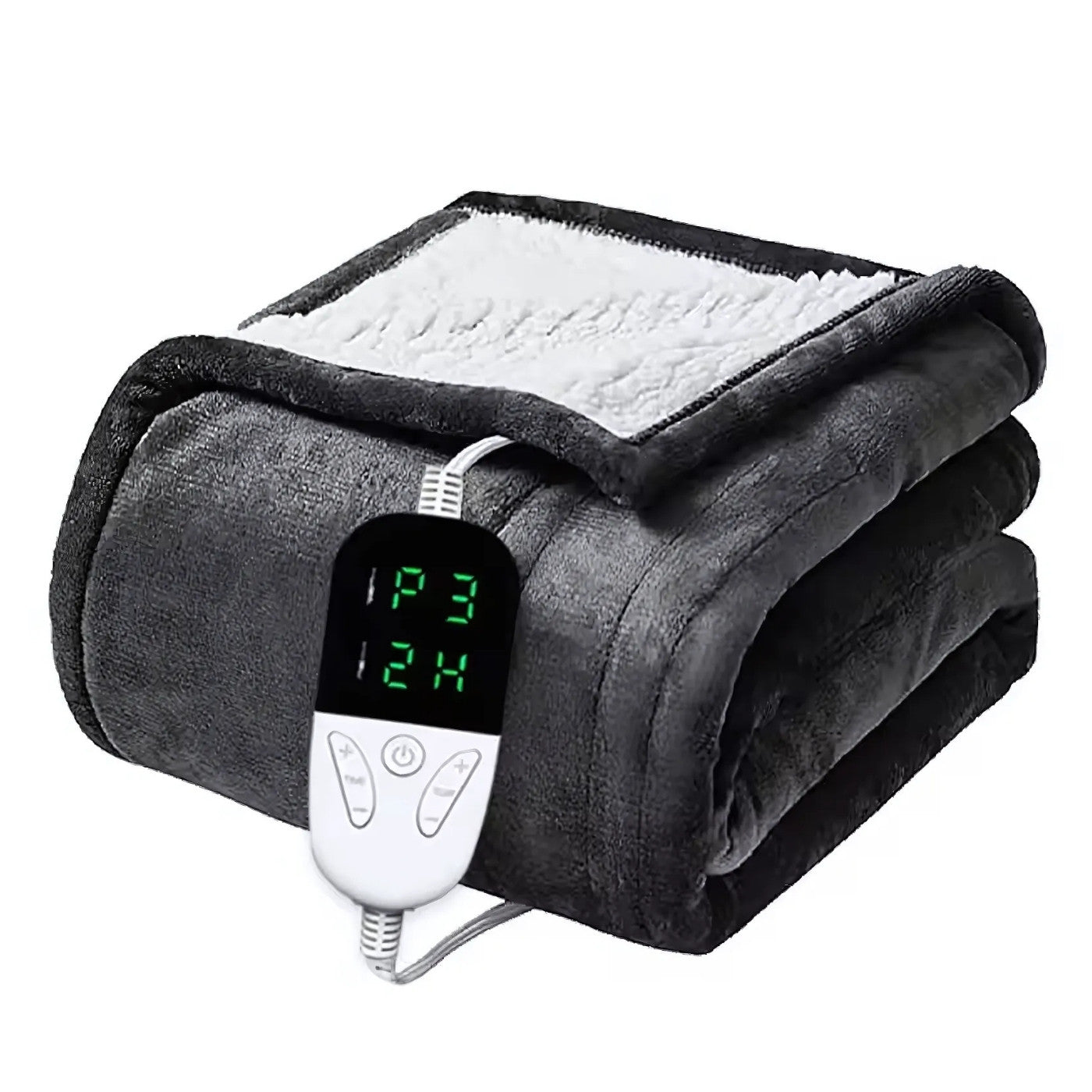 Folded electric heating pad with digital controller on a white background
