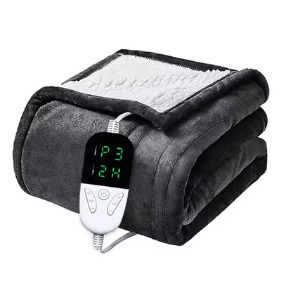 Folded electric heating pad with digital controller on a white background