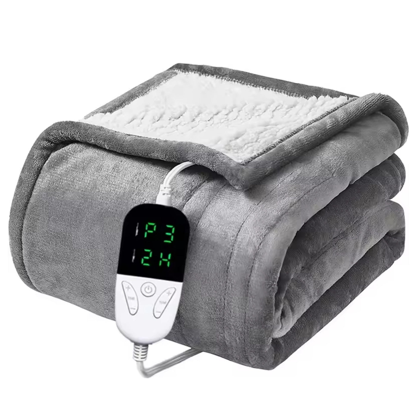 Folded gray electric blanket with digital controller on a white background