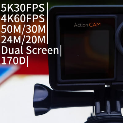 Action camera with screen displaying 'Action CAM' and technical specifications.