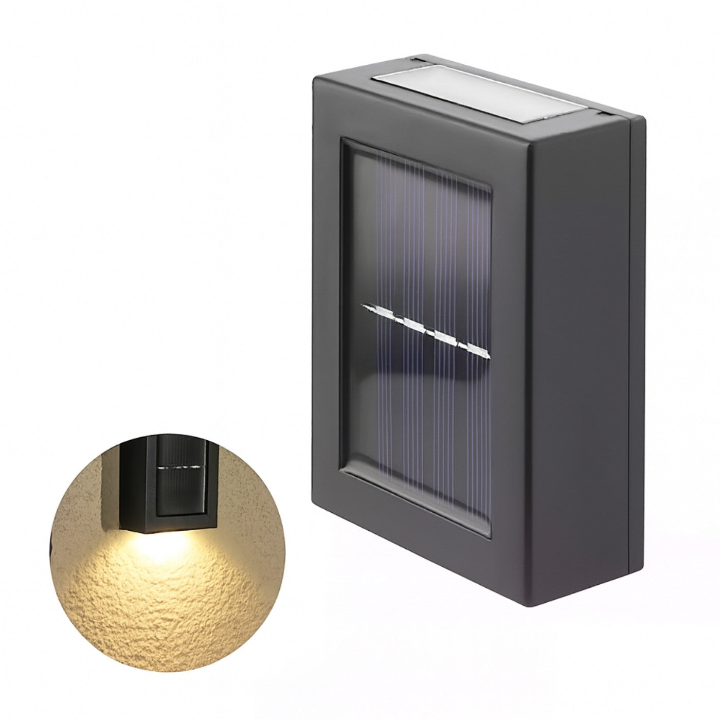 Solar-powered outdoor wall light with inset showing illuminated effect on a white background