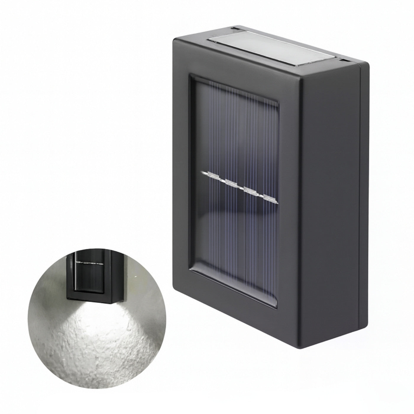 Solar-powered outdoor light fixture with inset showing illuminated effect on a white background