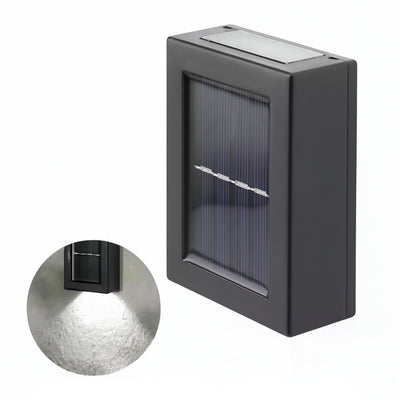 Solar-powered outdoor light fixture with inset showing illuminated effect on a white background